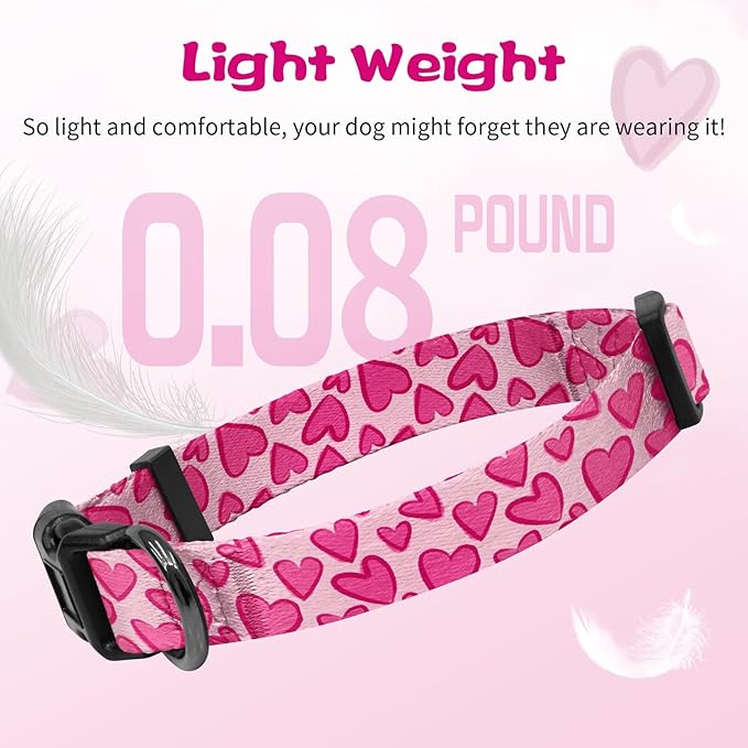 Kazazoo Dog Collar Cute and Soft Nylon Puppy Collar Girl, Adjustable Dog Collars for Small Medium Dogs, Hot Pink Heart-M