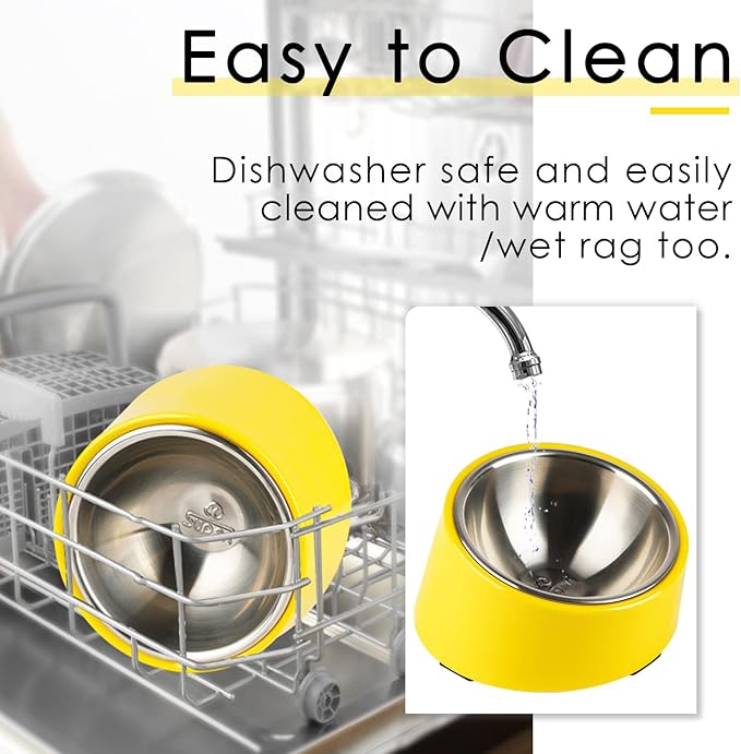 SuperDesign Mess Free 15° Slanted Bowl for Dogs and Cats, Tilted Angle Bulldog Bowl Dog Feeder, Non-Skid & Non-Spill, Easier to Reach Food L/2 Cup Bright Yellow