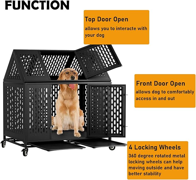44 inch Indestructible Heavy Duty Dog Crate, Escape-Proof Indoor Impact Dog Cage for Large Medium Dogs, High Anxiety Pet Kennel with 2 Trays, 4 Wheels, 4 Locks and Double Door, XL