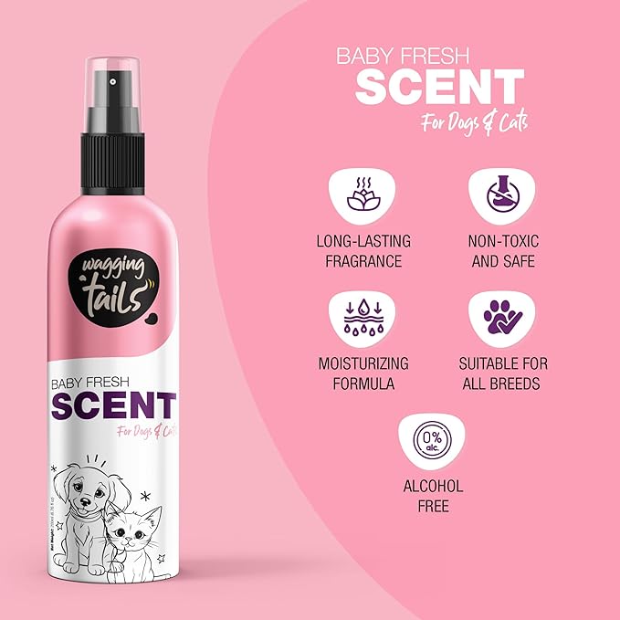 Wagging Tails Baby Fresh Pet Scent | Natural Aloe Vera & Elemi Gum Oil | Long-Lasting Deodorizing Spray for Dogs & Cats | Alcohol-Free Moisturizing Perfume Mist | 200ml (6.76 fl oz)