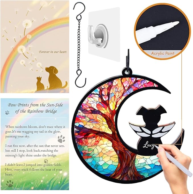 Dog Angel Memorial Suncatcher with Rainbow Bridge Poem Card, Pet Sympathy Gifts for Loss of Dogs and Cats, Life Tree