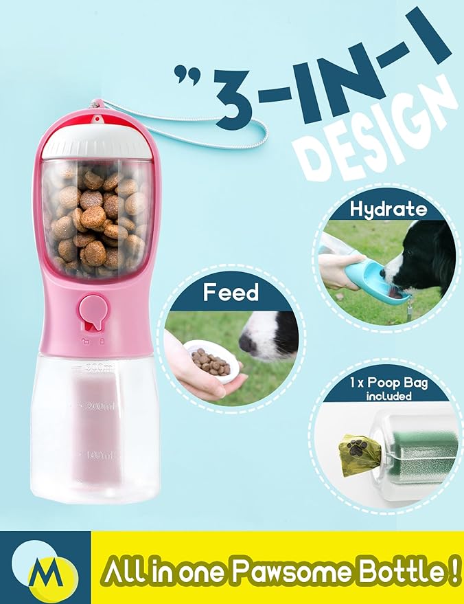 Portable Water Bottle for Small Dogs, 3 in 1 Pet Travel Bowl Dispenser with Food Treat Container & Poop Bag Holder, Summer Hiking Walking Accessories for Puppy On The Go - Pink, 10oz