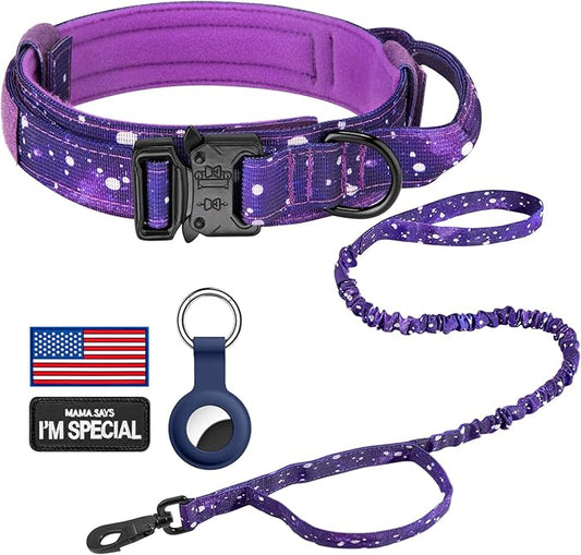 DAGANXI Tactical Dog Collar, Adjustable Military Training Nylon Dog Collar with Control Handle and Heavy Metal Buckle for Medium and Large Dogs, with Patches and Airtags Case (XXL, Purple Sky-Set)