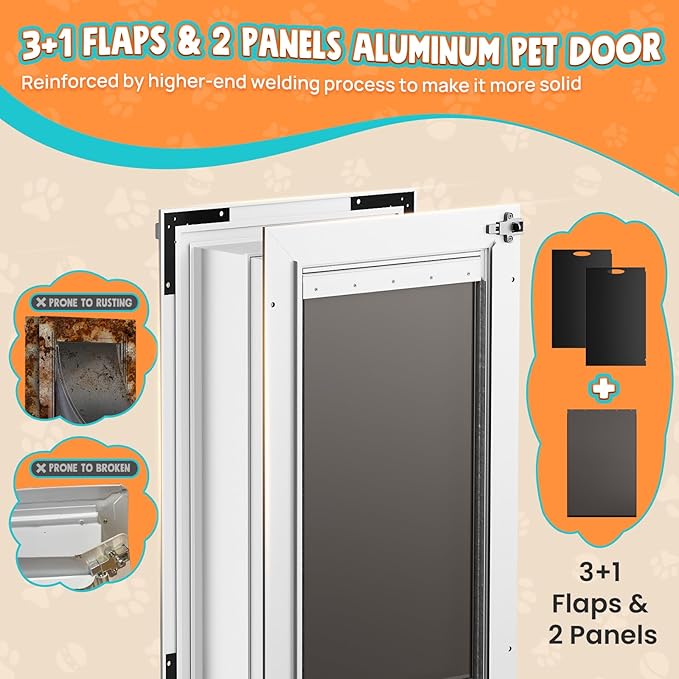 3-Flap Dog Door for Wall, Large Doggy Door, All Aluminum Heavy Duty Pet Door, Extreme Weather Doggie Door for Interior Exterior Wall, with Insulation Flaps & Lockable Closing Panels, Pets Up to 110LB