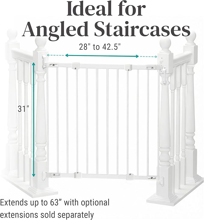 KidCo 28-42.5" Angle Mount Safeway Angeled Baby Gate for Stairs with Banister or Uneven Walls | No-Trip Top of Stairs Baby Gate No Bottom Bar | Quick-Release Mounted Hardware (White)