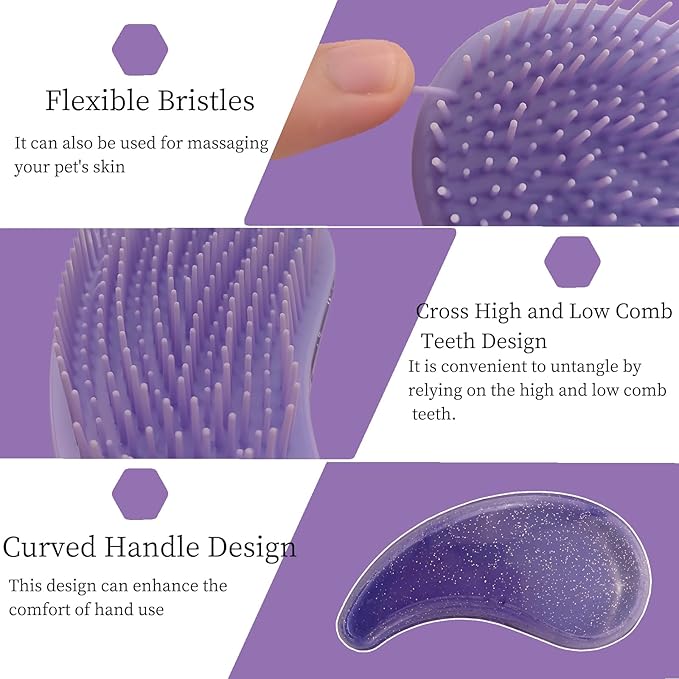 Comma-Shaped Small Dog Brush, Fit for Yorkie, Shih Tzu, Maltese Maltipoo Pomeranian - Gentle Soft Bristles for Effortless Pet Hair Removal, Puppy Essentials (Crystal Purple)