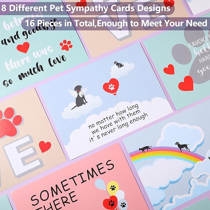 Fainne 16 Sets Pet Sympathy Cards Dog Condolences Cards Pet Bereavement Card and Envelopes Loss of Pet Dog Sympathy Cards with Inside Messages for Pet Lovers Greeting Cards (Chromatic Style)