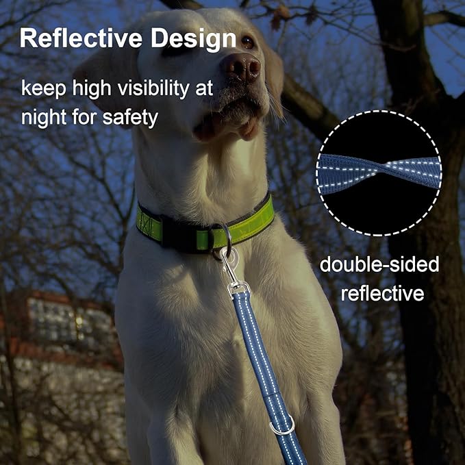 Thick Dual Padded Handle for Dog Training Control, 18 Inches Traffic Dog Leash Short with Reflective Stitching, Heavy Duty Short Hand for Small to Strong Sized Dogs Training Leash Blue 1.5FT