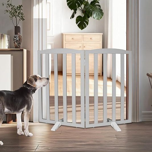 Freestanding Dog Gate Indoor,Doggie Gate Foldable Pet Gates for Doorways,Stairs or Hallways, Wooden Grey Pet Gate for the House, Pet Fence with Support Feet Included,32 "Height-2 Panels