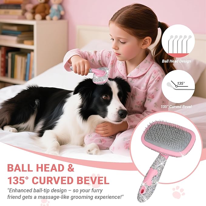 Pet Grooming Brush with Ceramic Clay Craft & Diamond-Embedded Design - Washable, 360° Rotating Head for Dogs/Cats.Large 16x10cm