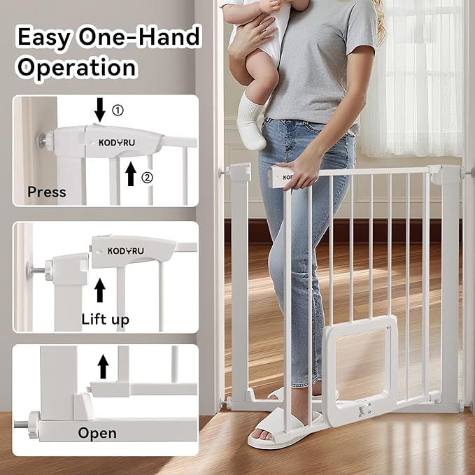 Baby Gate with Cat Door, 30" Tall Dog Gate with Cat Door Indoor, Adjustable Baby Gate for Doorways, Pressure Mounted Walk-Through Gate with Auto-Close & Double Lock, Fits 29.7-45.2 Inches
