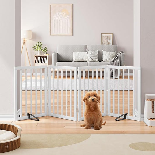 Semiocthome Bamboo Dog Gate with 2 Stands, Freestanding Puppy Gate for Doorways & Stairs - 24" Height, 4 Panels, Adjustable White Safety Fence