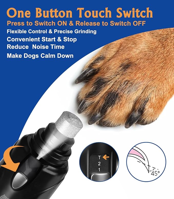 Dog Nail Grinder, 3 Grinding Heads, 2-Speed, LED Light, Touch-Switch, TypeC, Quiet, Low-Vibration, Dog Nail Trimmers for Large, Medium, Small Dogs & Cats with Hard/Thick Nails (U-Black)