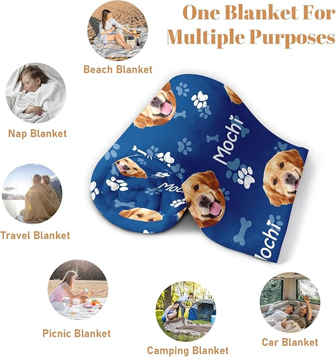 Custom Dog Blanket with Picture Name, Personalized Dog Face Throw Blanket, Customized Puppy Blanket with Photo, Birthday for Pet Lovers in Loving Memory Pet Blankets for Dogs Mom Dad