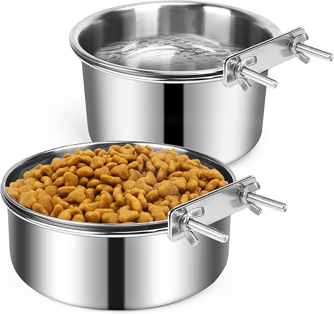 Dog Crate Water Bowl, 2 pcs Stainless Steel Large Dog Bowls 40oz & 60oz, Durable Anti-Spill Pet Metal Bowls for Cage Kennel Crate, Hanging Water/Food Bowl for Medium & Large Dogs