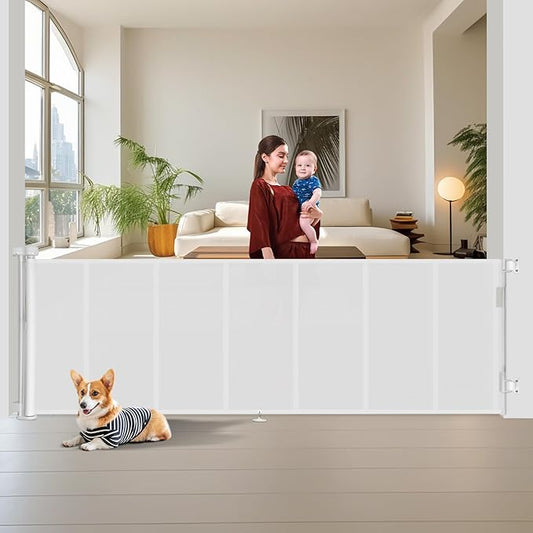 150 inch Retractable Baby Gates 42 inch Tall, Retractable Gate with Reinforced Strip Design to Prevent Crawling Through, 12 FT Extra Wide Retractable Dog Gate for Indoor/Outdoor