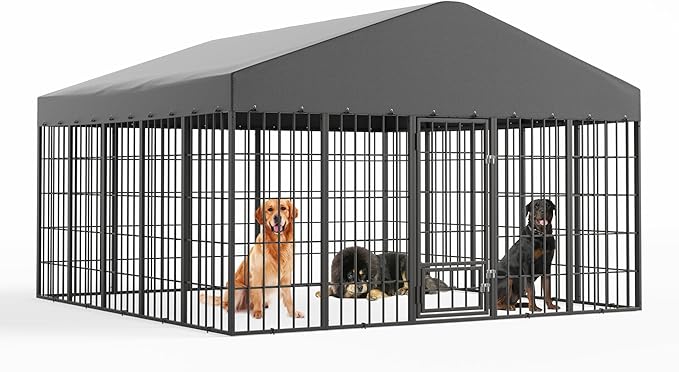 Kullavik 10x10x6 FT Large Outdoor Dog Kennel,Anti-Rust Galvanized Steel Dog Pen with Feeding Door & Double Locks,Heavy Duty Dog Enclosure Fence with UV-Resistant Waterproof Cover for Outside