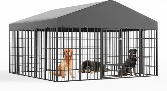 Kullavik 10x10x6 FT Large Outdoor Dog Kennel,Anti-Rust Galvanized Steel Dog Pen with Feeding Door & Double Locks,Heavy Duty Dog Enclosure Fence with UV-Resistant Waterproof Cover for Outside
