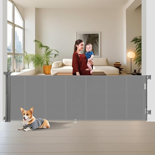 150 inch Retractable Baby Gates 42 inch Tall, Retractable Gate with Reinforced Strip Design to Prevent Crawling Through, 12 FT Extra Wide Retractable Dog Gate for Indoor/Outdoor