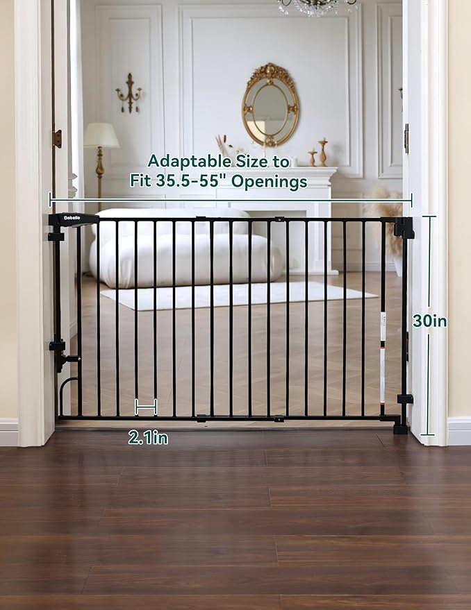 Babelio Removable & No Bottom Bar Baby Gate, 35.5-55" Hardware Mounted (Drill Needed)| Wide Walk-Thru| Auto-Close Safety Dog/Pet Gate for Stairs & Doorways (Black, 35.5-55" W, 30" H)