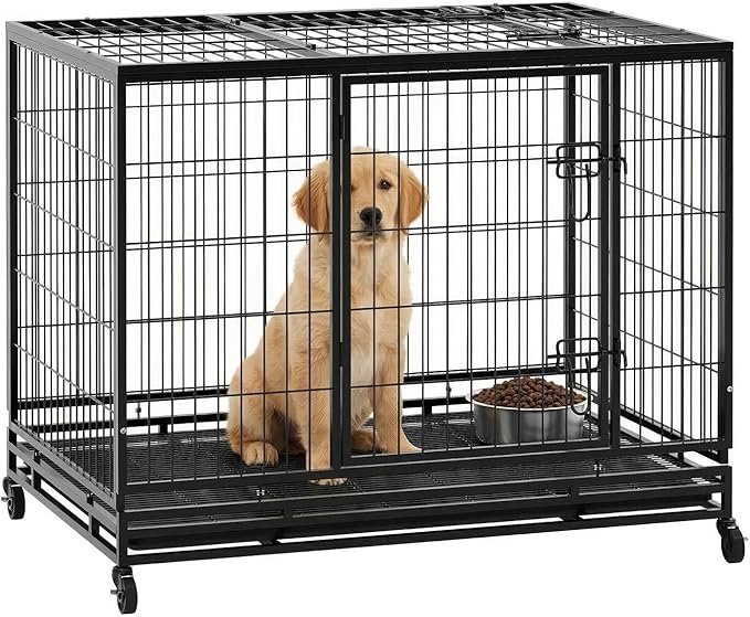 Dog Crate Cage for Large Dogs Heavy Duty 48/42/36Inches Dog Kennel Pet Playpen for Training Indoor Outdoor with Plastic Tray Double Doors & Locks Design (42")