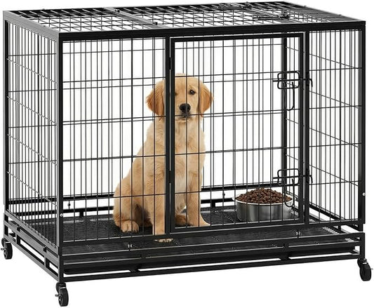 Dog Crate Cage for Large Dogs Heavy Duty 48/42/36Inches Dog Kennel Pet Playpen for Training Indoor Outdoor with Plastic Tray Double Doors & Locks Design (42")