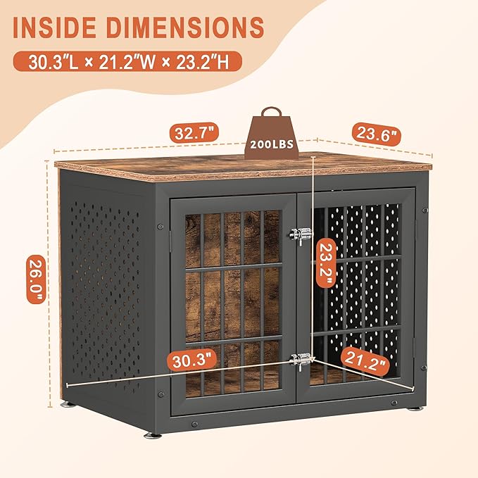 32" Heavy Duty Dog Crate Furniture for Small and Medium Dogs, Metal Kennel for High Anxiety Dogs, Chew Proof Pet Cage Indoor, Decorative Dog Kennel End Table