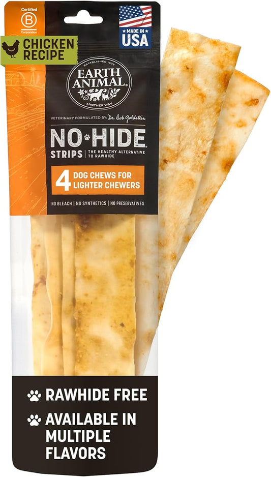 Earth Animal No Hide Strips - Natural Rawhide Free Dog Chew Strips, Chicken - 4 Count