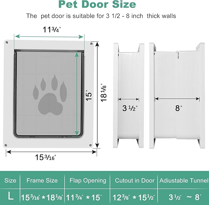 Large Dog Door for Wall,Thickened Dog Door, 3 1/2" - 8" Adjustable Tunnel, Weatherproof Door for Dogs, Magnetic Flap with Insulation,Strong and Sturdy,Snap-in Closing Panel Included (Large)