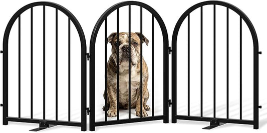 Full Metal Dog Gate for Indoor Outdoor, 24" Tall Free Standing Pet Dog Fence, 54" Wide Arched Pet Gates for Stairs, Hallways, Doorways, Kitchen, Decks, Yards (Black, 3 Panels)