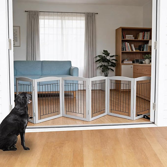 Dog Fence Indoor,Dog Gate Indoor for Doorway pet gate -6-Panel Freestanding, Hallways, House or Stairs -120x24-Inch Retractable Foldable Expandable Wood Pet by SFJC (Grey) ﻿