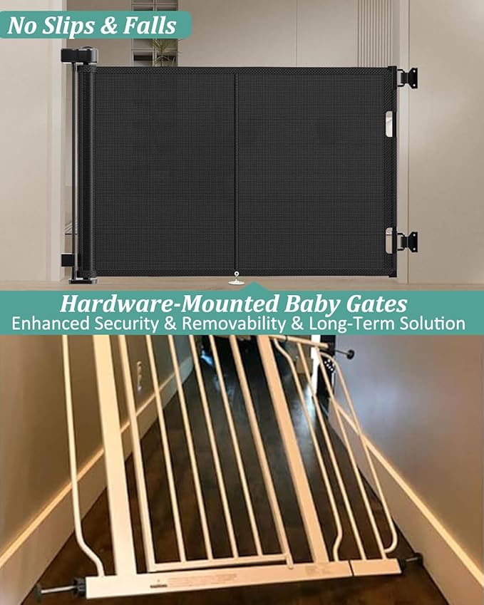 59 inch Retractable Baby Gates 42 inch Tall, Retractable Gate with Reinforced Strip Design to Prevent Crawling Through, 5 FT Retractable Dog Gate for Stairs, Doorways, Hallways, Indoor/Outdoor