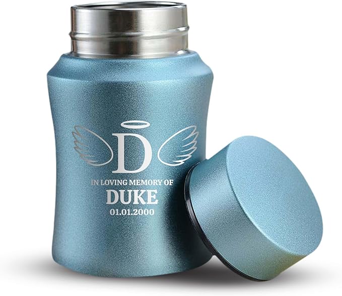 Customized Small Keepsake Urn Personalized Engraved with Pet Name, Date, and Dog Design - 4" Powder Coated Cremation Mini Compact Urn for Dogs Ashes | 5–10 Lbs Capacity | Powder Blue, Wings and Halo