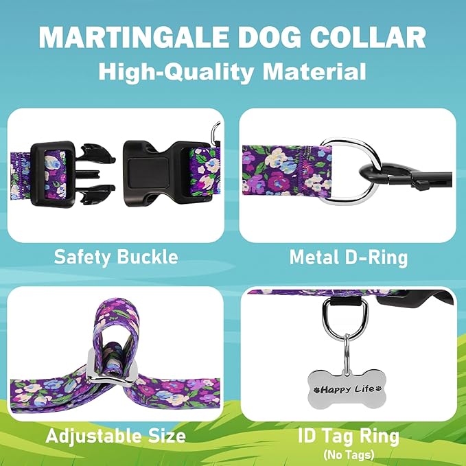 Martingale Collar for Dogs with Buckle Floral No Pull Training Dog Collars (Purple Floral, XLarge)