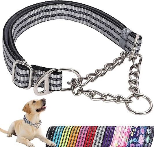 Reflective Martingale Collar for Dogs with Soft Padded Strap with Durable Chain- Adjustable No-Pull Training Collar,Great for Training, Walking, Hunting (Silver L)