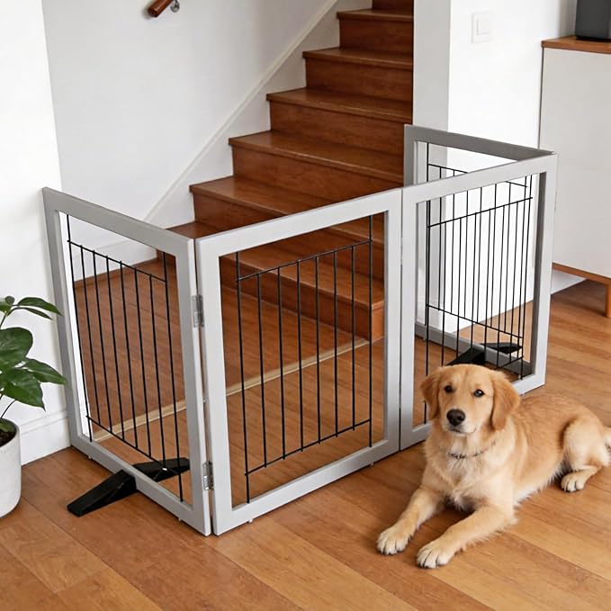 ZJSF Freestanding Dog Gate Indoor, Foldable Dog Fence for Doorways,Hallways or Stairs, Sturdy Wood Extra Wide Pet Gate with Support Feet,Grey,24 "Height-6 Panels