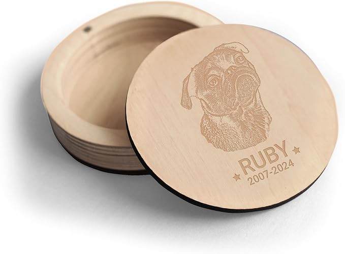 Personalized Pet Hair Keepsake Box for Dog and Cat Fur - Engraved Wood Memorial Box - Unique Customized Gift for Loss of Furry Friend Wooden (Light Round Wood/Acrylic Lid, With Photo)