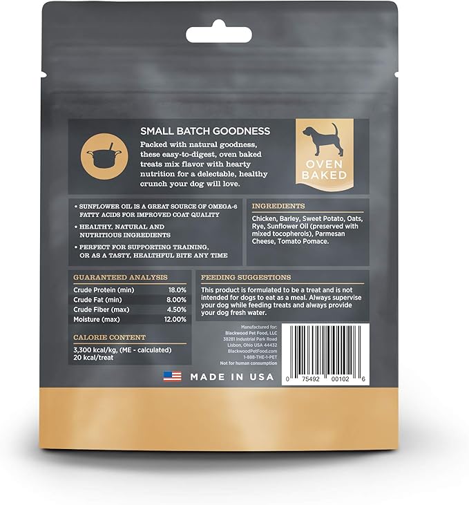 Blackwood Oven Baked Dog Treats, Chicken with Parmesan, 8 Ounce Pouch, Training Treats for All Life Stages and Breed Sizes