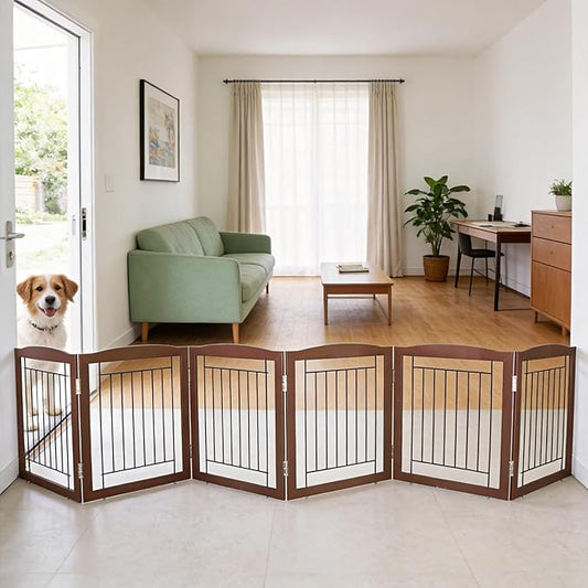 ZJSF Freestanding Foldable Dog Gate for House Extra Wide Wooden Brown Puppy Gate Stairs Dog Gates Doorways Tall Pet Gate 24 "Height 6 Panels Pet Fence