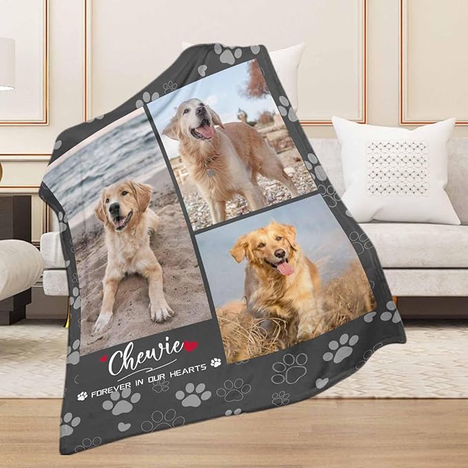 Custom Throw Mermorial Blanket with Dog Cat Pet Pictures & Name, Dog Memorial Blanket Personalized Memory Gift for Family and Friends Customized Bed Throw Blanket Sympathy Remembrance Made in USA