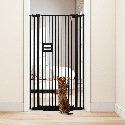 SMONTER 55" High Extra Tall Baby Gate, Safety Cat Gate for Doorways, Expands to 30.1"-34.1" Wide, Auto Close Dog Gate, No Drilling Pressure Mounted Cat Fence, Pet Gate Indoor for Stairs, Black