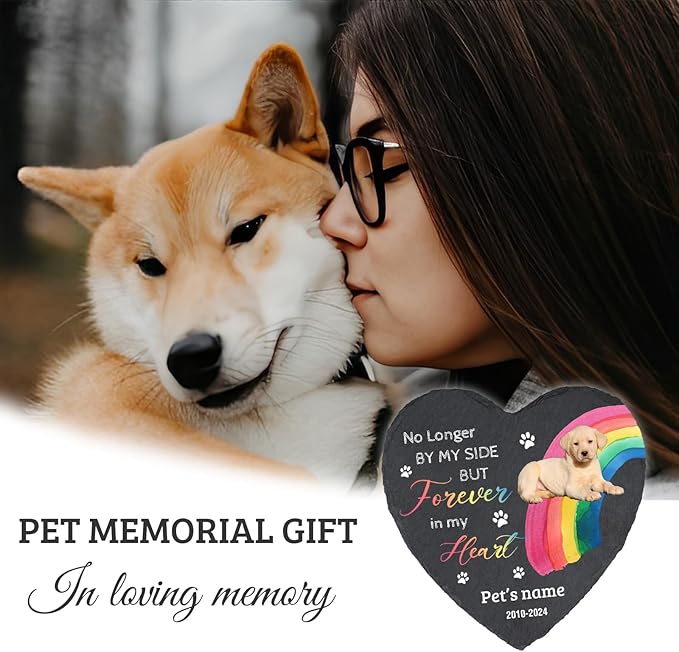 Cowcute Customized Pet Memorial Stone Personalized Dog Garden Memorial Stones with Photo and Name, Pet Memorial Gifts for Loss of Dog, Waterproof Pet Grave Markers Headstone, Rainbow Bridge