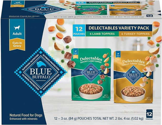 Blue Buffalo Delectables Natural Wet Dog Food Topper Variety Pack, Lamb & Turkey Dinner 3oz (12 Pack - 6 of Each Flavor)
