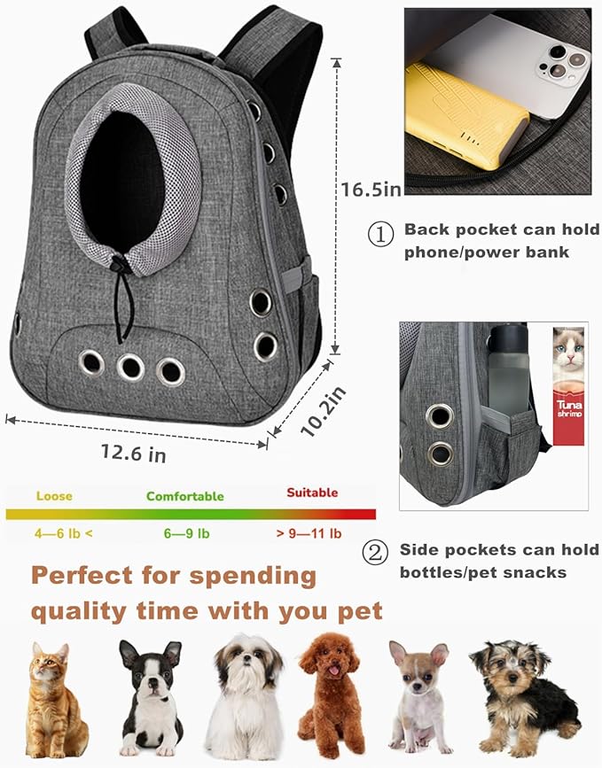 Pet Dog Backpack Carrier Small Doggy Front Backpack,Large Space Cat Carrier Backpack,Ventilated for Hiking,Camping,Travel,Suitable for Shopping and Vet,Max 12 lbs(‌Gray)