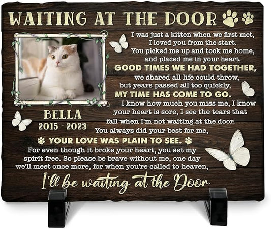 Emotional Tribute to Beloved Cat Death - Pet Grave Markers Headstone - in Remembrance of Cats, Pets Wait at The Door - Unique and Meaningful Memorial Stone Indoor Outdoor