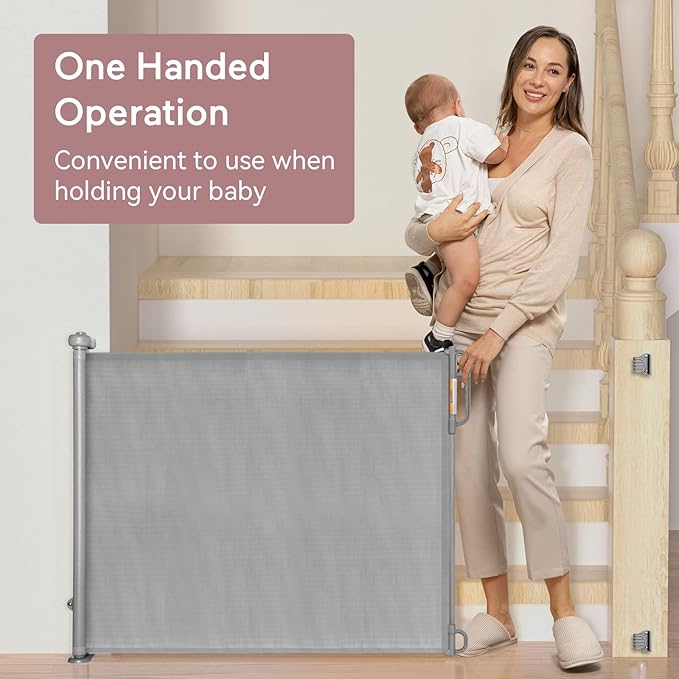 Momcozy Retractable Mesh Baby Gate or Dog Gate, Child Safety Gate for Indoor or Outdoor, 33-inches Tall with up to 55-inches Wide Extension, Avoid Skirting Installation, Grey