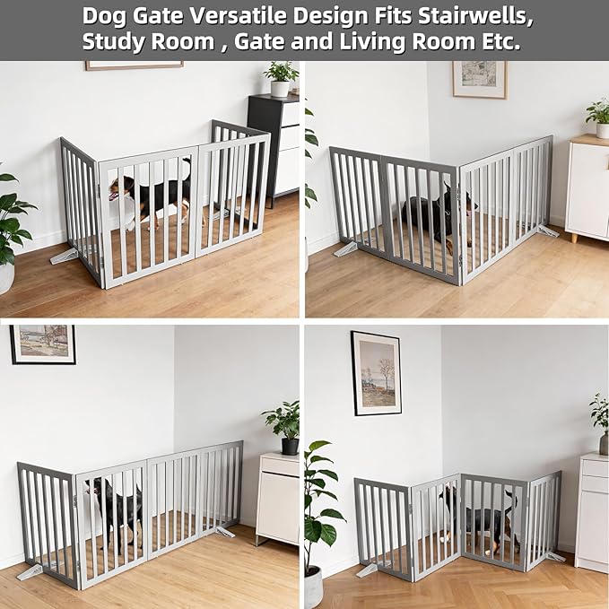 Dog Gate Indoor, Freestanding Dog Fence for The House, Doorways, Hallways,or Stairs,Pet Gate Foldable Wooden,Expandable 24" Height 4 Panels,Grey
