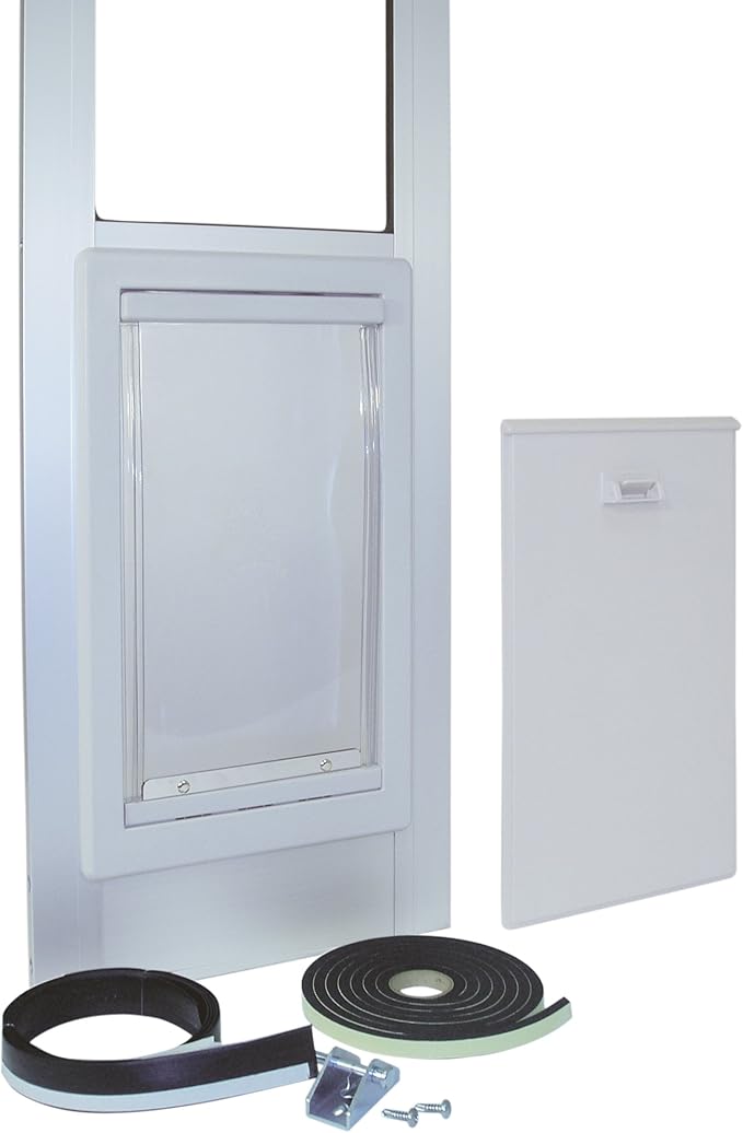 IDEAL PET PRODUCTS Since 1979 Ideal Pet 96” Aluminum 2-Piece Modular Pet Patio Door with Single Pane Glass and Clear Flexible Flap, for Cats or Dogs, 7" x 11-1/4" Flap Size