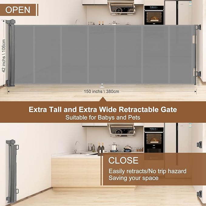 150 inch Retractable Baby Gates 42 inch Tall, Retractable Gate with Reinforced Strip Design to Prevent Crawling Through, 12 FT Extra Wide Retractable Dog Gate for Indoor/Outdoor
