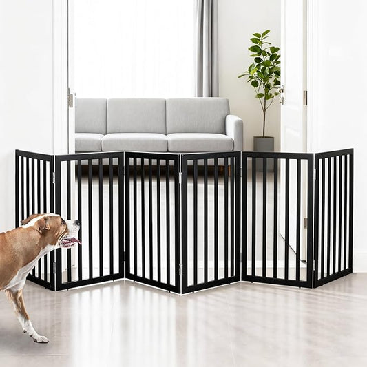 ZJSF Freestanding Indoor Dog Gate for House Foldable Wood Black Puppy Gate for Doorways Pet Gate for Stairs Extra Wide Pet Fence 32" Height 6 Panels